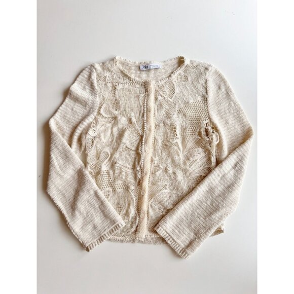 ZARA Ecru Ivory Contrast Cotton Blend Lace Knit Cardigan Sweater, Size XL - Picture 5 of 16